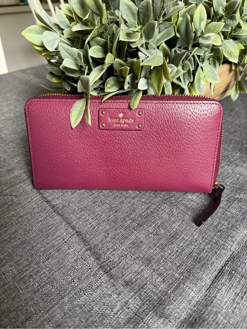 kate spade Burgundy Pebbled Leather Zip Wallet